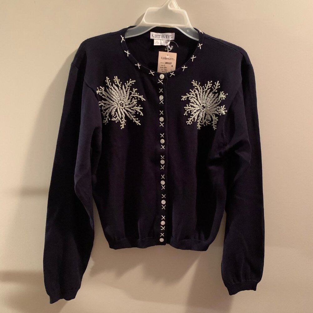 Karen Kane navy blue beaded sweater*HP*